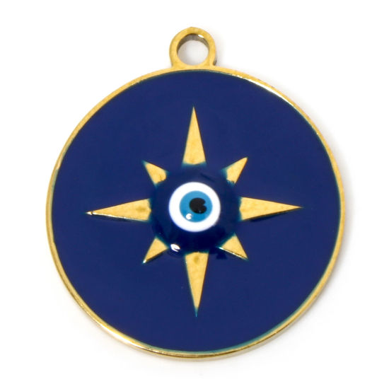 Bild von 2 Stück Umweltfreundliche PVD-Vakuumbeschichtung 304 Edelstahl Retro Charms Rund 18K Echtgold plattiert Dunkelblau Stern Emaille 20.5mm x 18mm