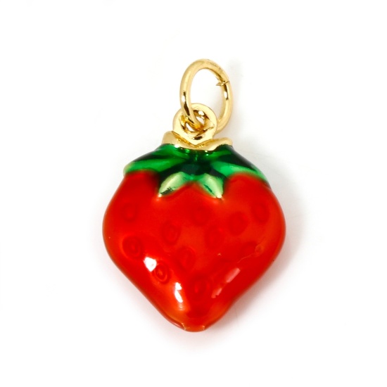 Picture of 1 Piece Eco-friendly Brass Charms 18K Real Gold Plated Red & Green Strawberry Fruit Enamel 3D 19mm x 12mm