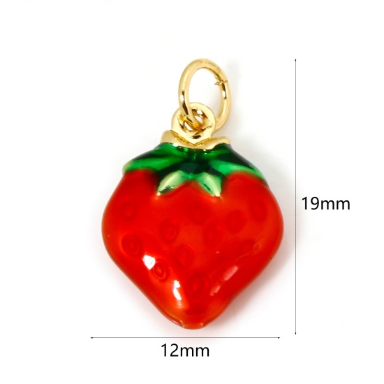 Picture of 1 Piece Eco-friendly Brass Charms 18K Real Gold Plated Red & Green Strawberry Fruit Enamel 3D 19mm x 12mm