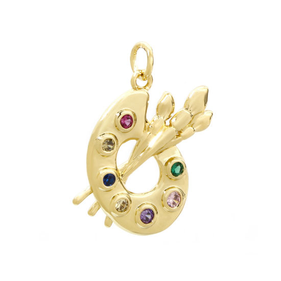 Bild von 1 Stück Umweltfreundlich Messing College Schmuck Charms 18K Echtgold plattiert Palett Bunt Zirkonia 25mm x 18mm