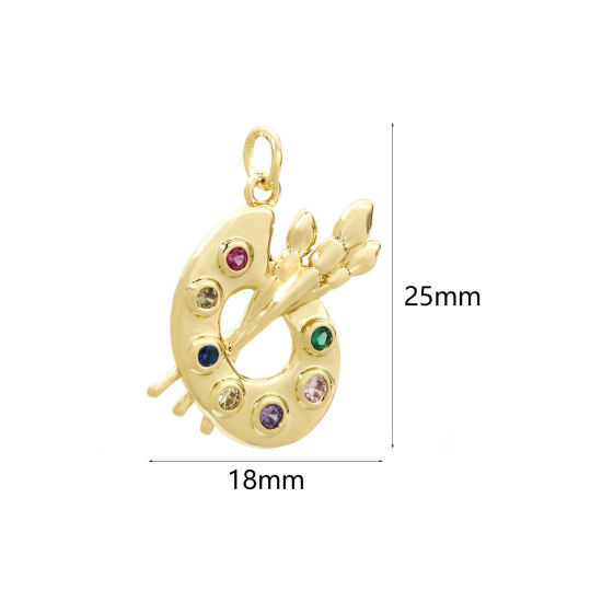 Bild von 1 Stück Umweltfreundlich Messing College Schmuck Charms 18K Echtgold plattiert Palett Bunt Zirkonia 25mm x 18mm