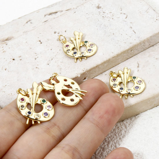 Bild von 1 Stück Umweltfreundlich Messing College Schmuck Charms 18K Echtgold plattiert Palett Bunt Zirkonia 25mm x 18mm