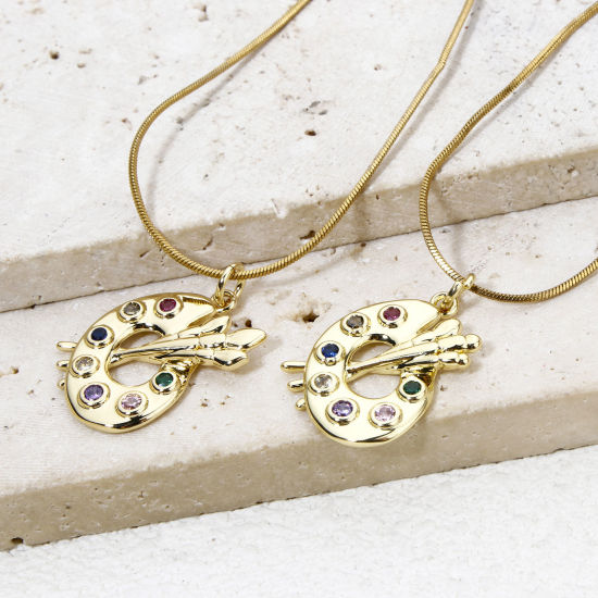 Bild von 1 Stück Umweltfreundlich Messing College Schmuck Charms 18K Echtgold plattiert Palett Bunt Zirkonia 25mm x 18mm