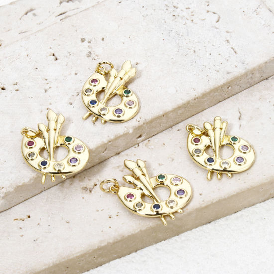 Bild von 1 Stück Umweltfreundlich Messing College Schmuck Charms 18K Echtgold plattiert Palett Bunt Zirkonia 25mm x 18mm