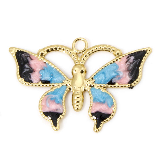 Immagine di 1 Pz Ecologico Ottone Insetto Ciondoli Farfalla 18K Vero Oro Placcato Rosa & Blu Chiaro Smalto 26mm x 18mm