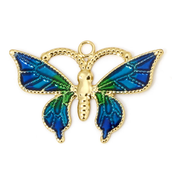 Immagine di 1 Pz Ecologico Ottone Insetto Ciondoli Farfalla 18K Vero Oro Placcato Blu Scuro Smalto 26mm x 18mm
