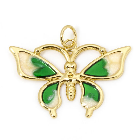 Immagine di 1 Pz Ecologico Ottone Insetto Ciondoli Farfalla 18K Vero Oro Placcato Verde Smalto 26mm x 21mm