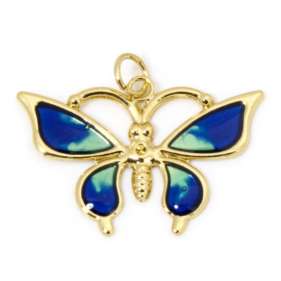 Immagine di 1 Pz Ecologico Ottone Insetto Ciondoli Farfalla 18K Vero Oro Placcato Blu & Verde Smalto 26mm x 21mm