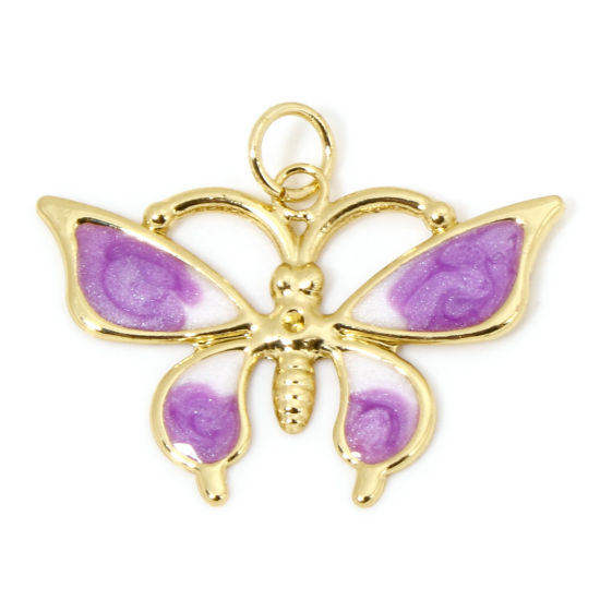 Immagine di 1 Pz Ecologico Ottone Insetto Ciondoli Farfalla 18K Vero Oro Placcato Bianco & Viola Smalto 26mm x 21mm