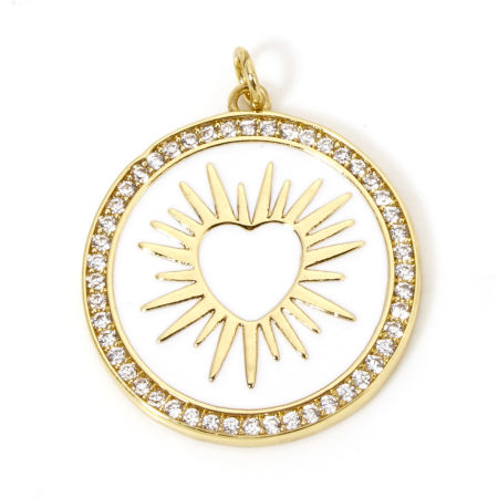 Picture of 1 Piece Eco-friendly Brass Micro Pave Disc Pendants 18K Real Gold Plated White Round Sun Enamel 3.2cm x 2.6cm