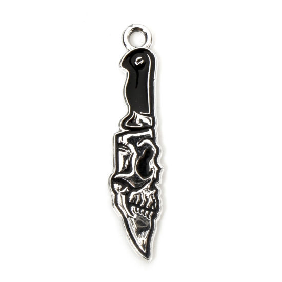 Picture of 10 PCs Zinc Based Alloy Halloween Charms Silver Tone Black Knife Skull Enamel 3.1cm x 0.7cm