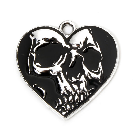 Picture of 10 PCs Zinc Based Alloy Halloween Charms Silver Tone Black Heart Skull Enamel 22mm x 21.5mm