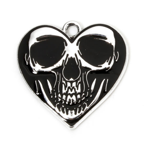 Picture of 10 PCs Zinc Based Alloy Halloween Charms Silver Tone Black Heart Skull Enamel 22mm x 21.5mm