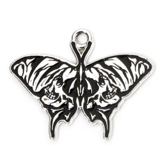 Picture of 10 PCs Zinc Based Alloy Halloween Charms Silver Tone Black Butterfly Animal Skull Enamel 28mm x 22mm