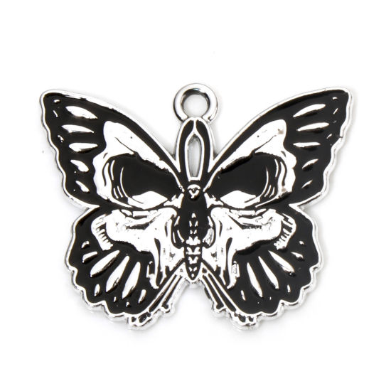 Picture of 10 PCs Zinc Based Alloy Halloween Charms Silver Tone Black Butterfly Animal Skull Enamel 28mm x 22mm