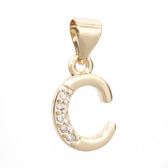 Image de 1 Pièce Pendentif Breloque en Laiton Respectueux de la Nature Alphabet Majuscule Lettre Initiale Plaqué Or Véritable 14K Mots" C " Micro Pave à Zircone Cubique Clair 17mm x 8mm