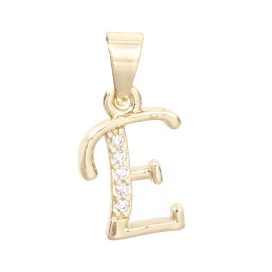 Image de 1 Pièce Pendentif Breloque en Laiton Respectueux de la Nature Alphabet Majuscule Lettre Initiale Plaqué Or Véritable 14K Mots" E " Micro Pave à Zircone Cubique Clair 17mm x 9mm