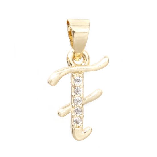 Image de 1 Pièce Pendentif Breloque en Laiton Respectueux de la Nature Alphabet Majuscule Lettre Initiale Plaqué Or Véritable 14K Mots" F " Micro Pave à Zircone Cubique Clair 17mm x 9mm