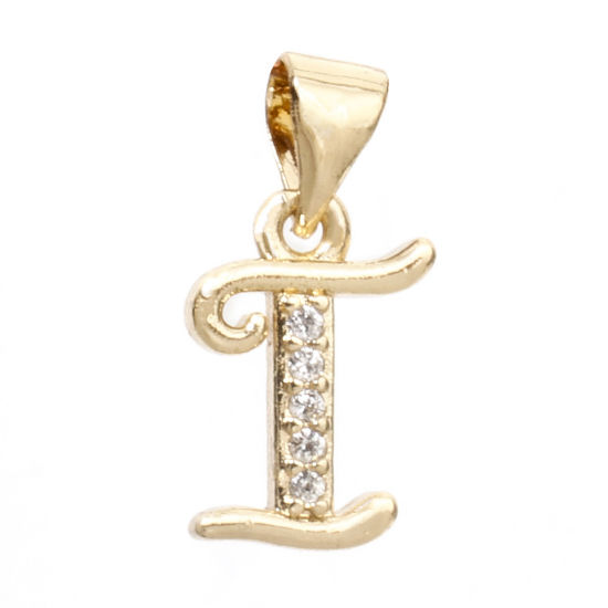 Image de 1 Pièce Pendentif Breloque en Laiton Respectueux de la Nature Alphabet Majuscule Lettre Initiale Plaqué Or Véritable 14K Mots" I " Micro Pave à Zircone Cubique Clair 17mm x 8.5mm