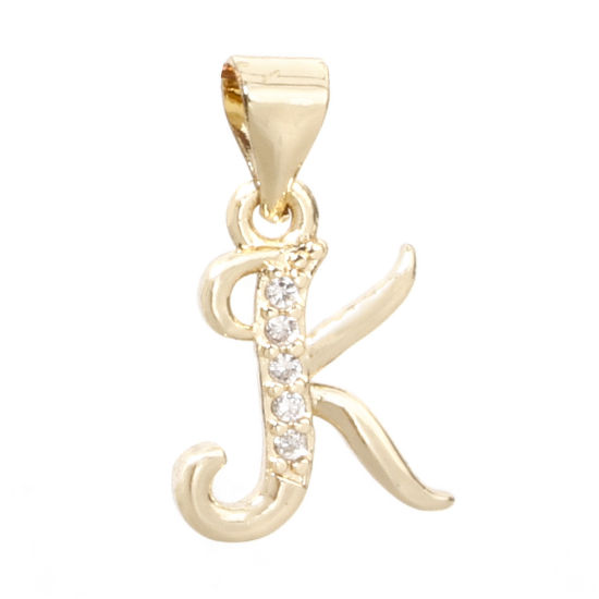 Image de 1 Pièce Pendentif Breloque en Laiton Respectueux de la Nature Alphabet Majuscule Lettre Initiale Plaqué Or Véritable 14K Mots" K " Micro Pave à Zircone Cubique Clair 18mm x 10mm