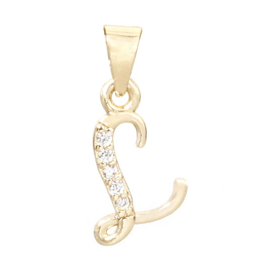Image de 1 Pièce Pendentif Breloque en Laiton Respectueux de la Nature Alphabet Majuscule Lettre Initiale Plaqué Or Véritable 14K Mots" L " Micro Pave à Zircone Cubique Clair 18mm x 8mm