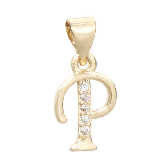 Image de 1 Pièce Pendentif Breloque en Laiton Respectueux de la Nature Alphabet Majuscule Lettre Initiale Plaqué Or Véritable 14K Mots" P " Micro Pave à Zircone Cubique Clair 17mm x 8mm