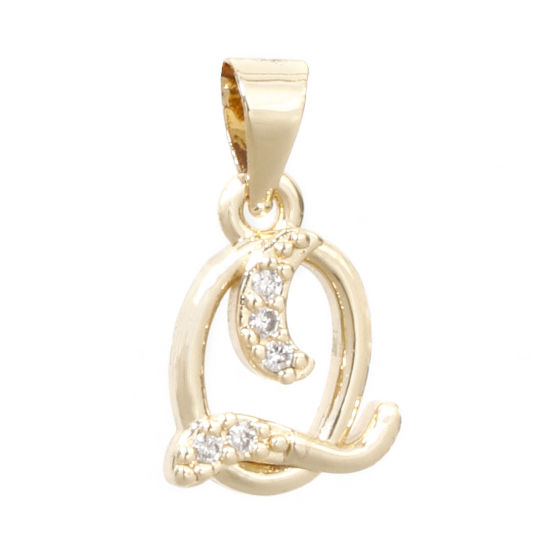 Image de 1 Pièce Pendentif Breloque en Laiton Respectueux de la Nature Alphabet Majuscule Lettre Initiale Plaqué Or Véritable 14K Mots" Q " Micro Pave à Zircone Cubique Clair 17mm x 9mm
