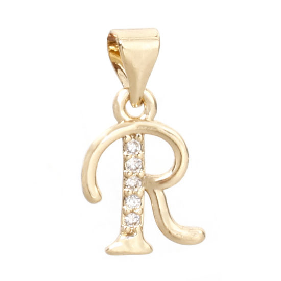 Image de 1 Pièce Pendentif Breloque en Laiton Respectueux de la Nature Alphabet Majuscule Lettre Initiale Plaqué Or Véritable 14K Mots" R " Micro Pave à Zircone Cubique Clair 17mm x 10mm