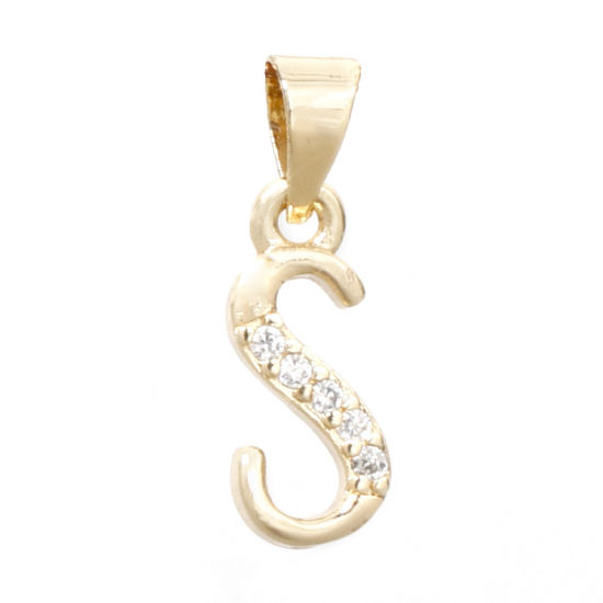 Image de 1 Pièce Pendentif Breloque en Laiton Respectueux de la Nature Alphabet Majuscule Lettre Initiale Plaqué Or Véritable 14K Mots" S " Micro Pave à Zircone Cubique Clair 17mm x 6mm