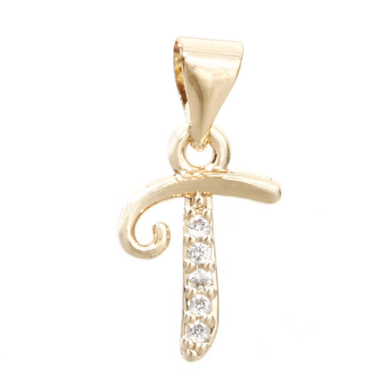 Image de 1 Pièce Pendentif Breloque en Laiton Respectueux de la Nature Alphabet Majuscule Lettre Initiale Plaqué Or Véritable 14K Mots" T " Micro Pave à Zircone Cubique Clair 17mm x 9mm