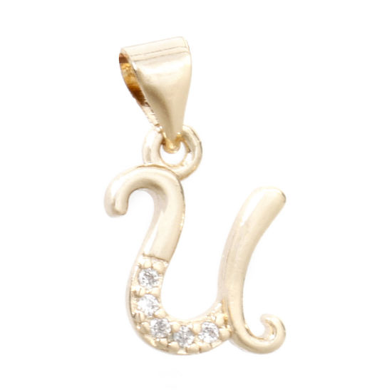 Image de 1 Pièce Pendentif Breloque en Laiton Respectueux de la Nature Alphabet Majuscule Lettre Initiale Plaqué Or Véritable 14K Mots" U " Micro Pave à Zircone Cubique Clair 17mm x 10mm