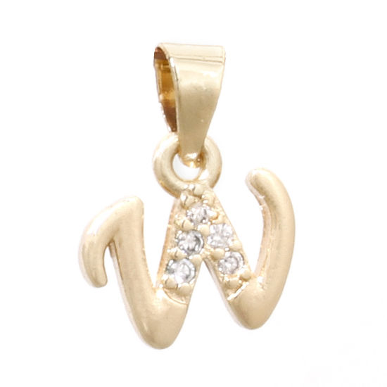 Image de 1 Pièce Pendentif Breloque en Laiton Respectueux de la Nature Alphabet Majuscule Lettre Initiale Plaqué Or Véritable 14K Mots" W " Micro Pave à Zircone Cubique Clair 14mm x 10mm