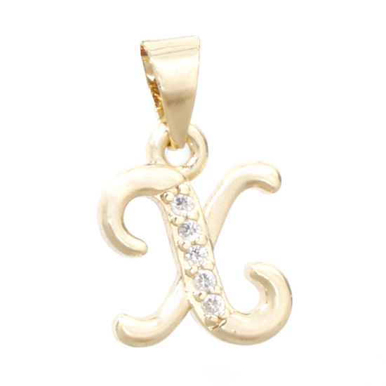 Image de 1 Pièce Pendentif Breloque en Laiton Respectueux de la Nature Alphabet Majuscule Lettre Initiale Plaqué Or Véritable 14K Mots" X " Micro Pave à Zircone Cubique Clair 16mm x 10mm