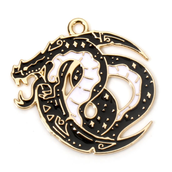 Picture of 10 PCs Zinc Based Alloy Fairy Tale Collection Charms Gold Plated Black & White Dragon Moon Enamel 28mm x 28mm