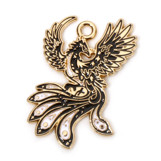 Picture of 10 PCs Zinc Based Alloy Fairy Tale Collection Charms Gold Plated Black & White Phoenix Enamel 28mm x 21mm