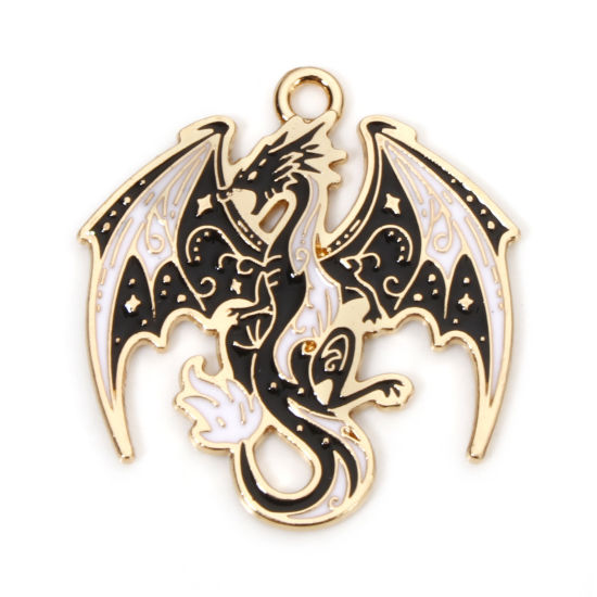 Picture of 10 PCs Zinc Based Alloy Fairy Tale Collection Charms Gold Plated Black & White Dragon Enamel 28mm x 26mm