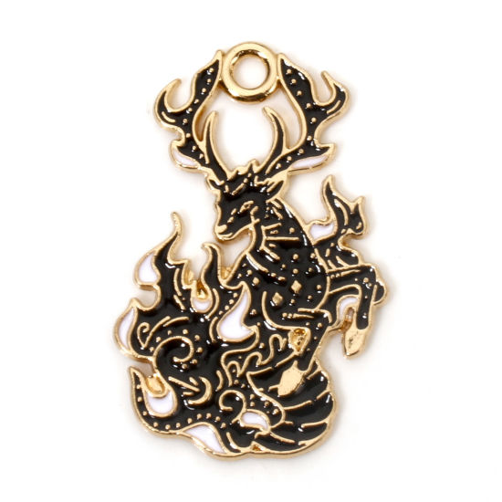 Picture of 10 PCs Zinc Based Alloy Fairy Tale Collection Charms Gold Plated Black & White Deer Animal Enamel 28mm x 18mm