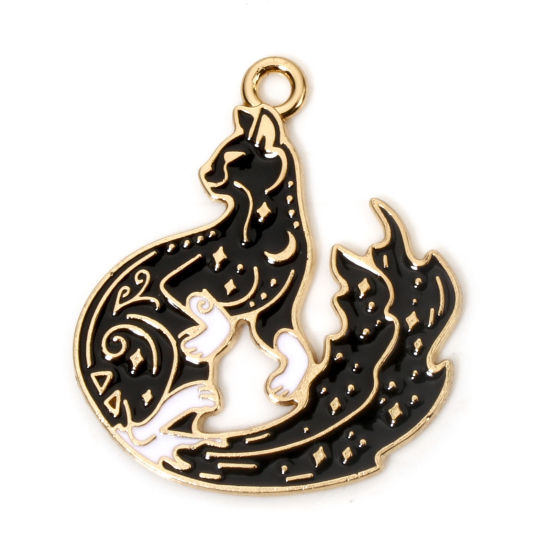 Picture of 10 PCs Zinc Based Alloy Fairy Tale Collection Charms Gold Plated Black & White Cat Animal Enamel 28mm x 24mm