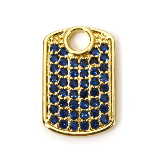 Picture of 1 Piece Eco-friendly Brass Geometric Charms 18K Real Gold Plated Rectangle Micro Pave Deep Blue Cubic Zirconia 18mm x 12mm