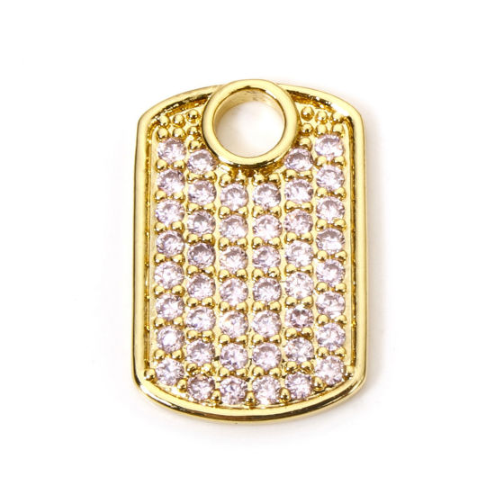 Picture of 1 Piece Eco-friendly Brass Geometric Charms 18K Real Gold Plated Rectangle Micro Pave Light Pink Cubic Zirconia 18mm x 12mm