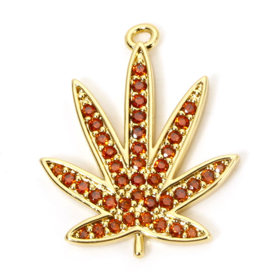 Immagine di 1 Pz Ecologico Ottone Ciondoli Foglia 18K Vero Oro Placcato Micro Spianare Rosso Cubic Zirconiae 25mm x 20mm
