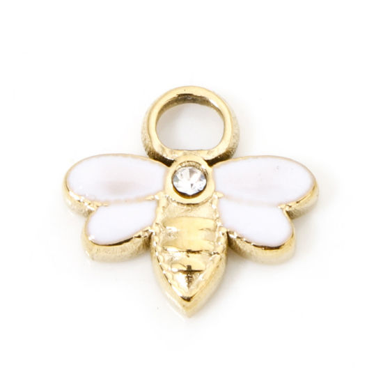 Picture of 1 Piece Vacuum Plating 304 Stainless Steel Exquisite Charms Gold Plated White Bee Animal Enamel Clear Rhinestone 10mm x 9.5mm