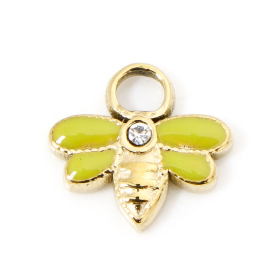 Picture of 1 Piece Vacuum Plating 304 Stainless Steel Exquisite Charms Gold Plated Yellow-green Bee Animal Enamel Clear Rhinestone 10mm x 9.5mm