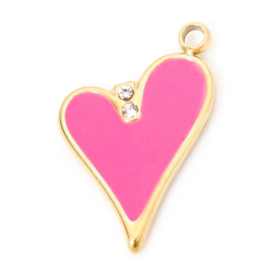 Picture of 1 Piece Vacuum Plating 304 Stainless Steel Valentine's Day Charms Gold Plated Pink Heart Enamel Clear Rhinestone 17.5mm x 11.5mm