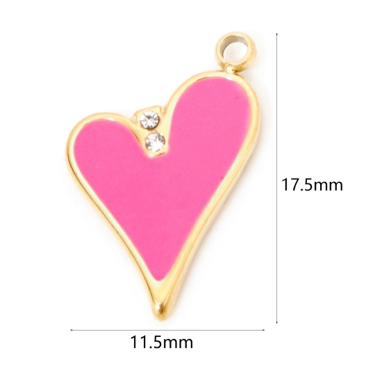 Picture of 1 Piece Vacuum Plating 304 Stainless Steel Valentine's Day Charms Gold Plated Pink Heart Enamel Clear Rhinestone 17.5mm x 11.5mm