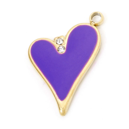 Picture of 1 Piece Vacuum Plating 304 Stainless Steel Valentine's Day Charms Gold Plated Purple Heart Enamel Clear Rhinestone 17.5mm x 11.5mm