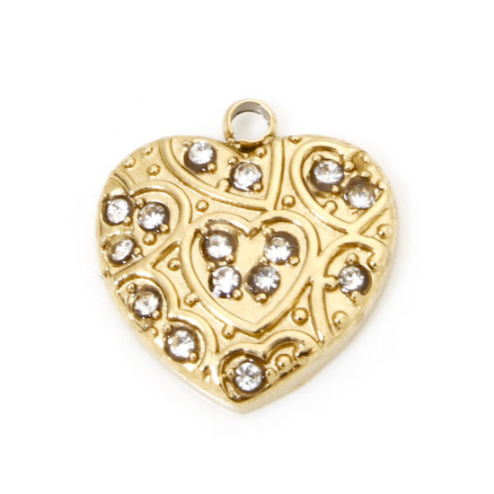 Picture of 1 Piece Vacuum Plating 304 Stainless Steel Valentine's Day Charms Gold Plated Heart Carved Pattern Clear Rhinestone 11.5mm x 10.5mm