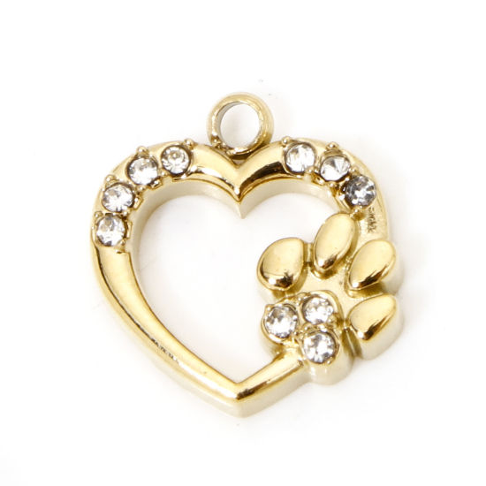 Picture of 1 Piece Vacuum Plating 304 Stainless Steel Valentine's Day Charms Gold Plated Heart Paw Claw Hollow Clear Rhinestone 11.5mm x 11mm