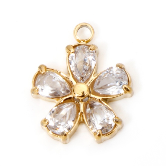 Picture of 1 Piece Vacuum Plating 304 Stainless Steel Exquisite Charms Gold Plated Flower Clear Rhinestone 14mm x 11.5mm