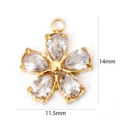 Picture of 1 Piece Vacuum Plating 304 Stainless Steel Exquisite Charms Gold Plated Flower Clear Rhinestone 14mm x 11.5mm